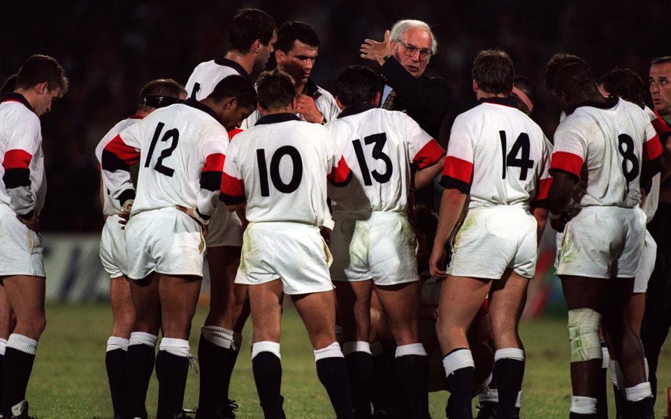 Jack Rowell talks to his players at half-time in the third place play-off - Revealed: ‘Dick of the day’ fancy dress that sparked England bust-up in ‘95 World Cup third-place play-off