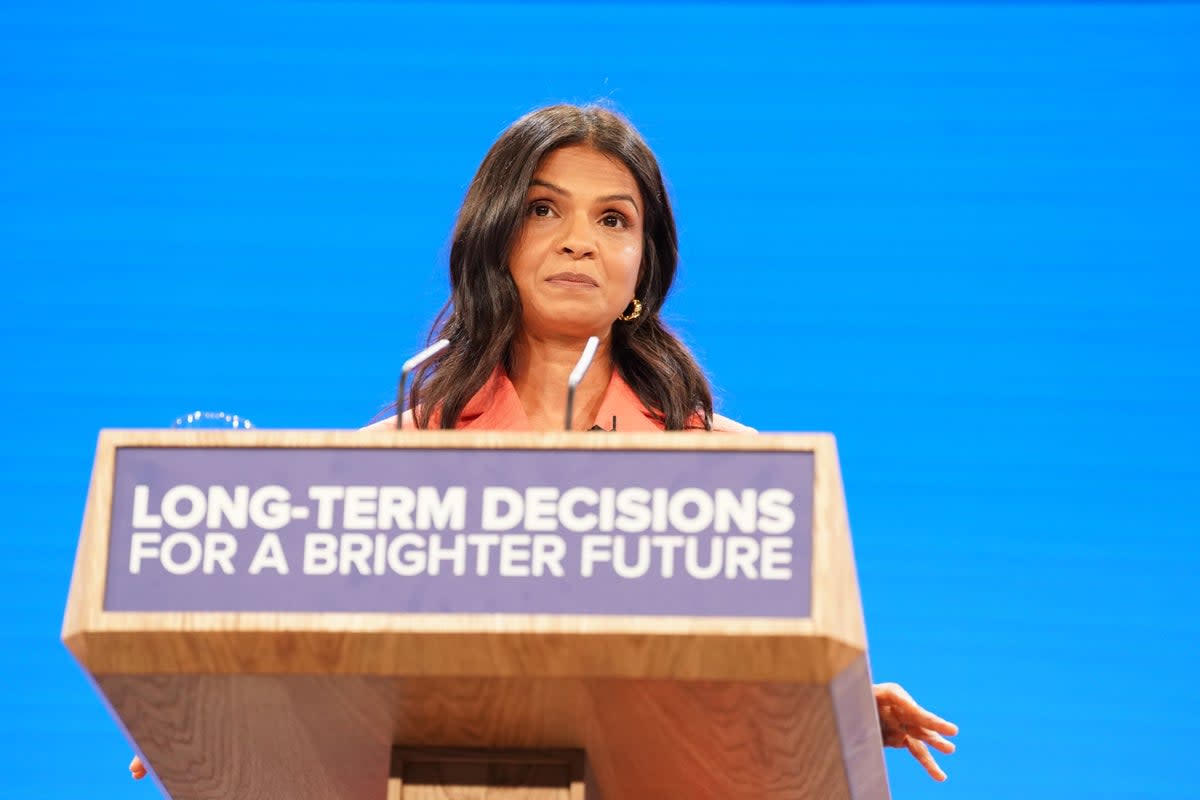 Akshata Murty, the wife of Prime Minister Rishi Sunak, speaks on stage during the Conservative Party annual conference in Manchester (Stefan Rousseau/PA) (PA Wire)