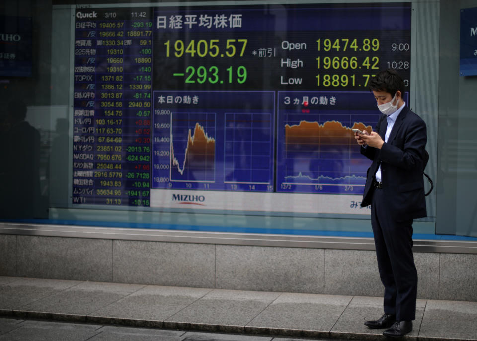 A man wearing protective face mask, following an outbreak of the coronavirus disease (COVID-19), stands in front of a stock quotation board outside a brokerage in Tokyo, Japan, March 10, 2020. REUTERS/Stoyan Nenov