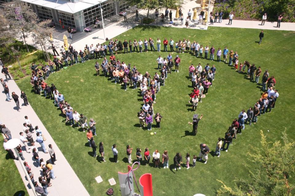 Yahoo employees form the company logo