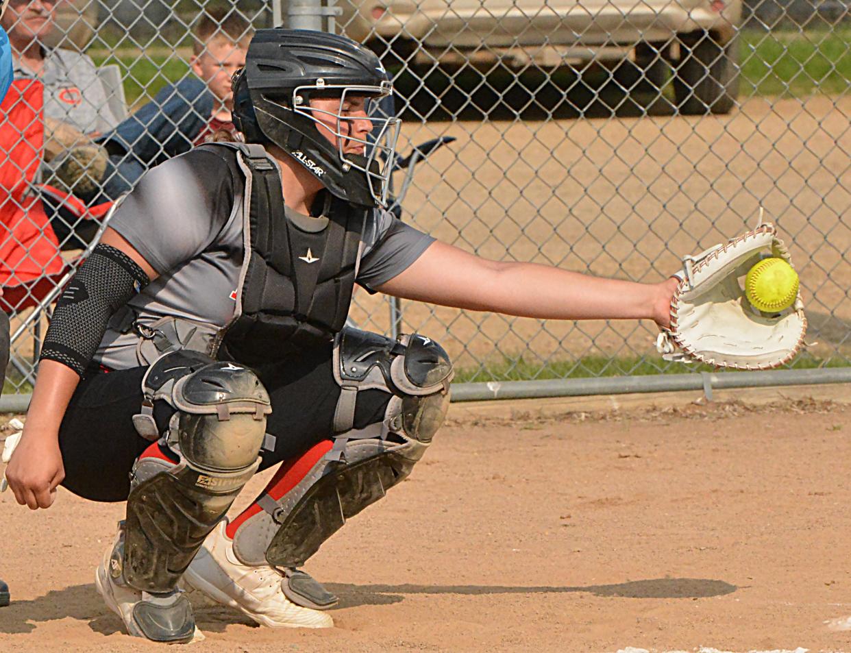 Deuel catcher Hope Bjerke corrals a pitch during a Class B SoDak 16 state-qualifying high school softball game against Scotland-Menno on Tuesday, May 23, 2023 in Clear Lake.