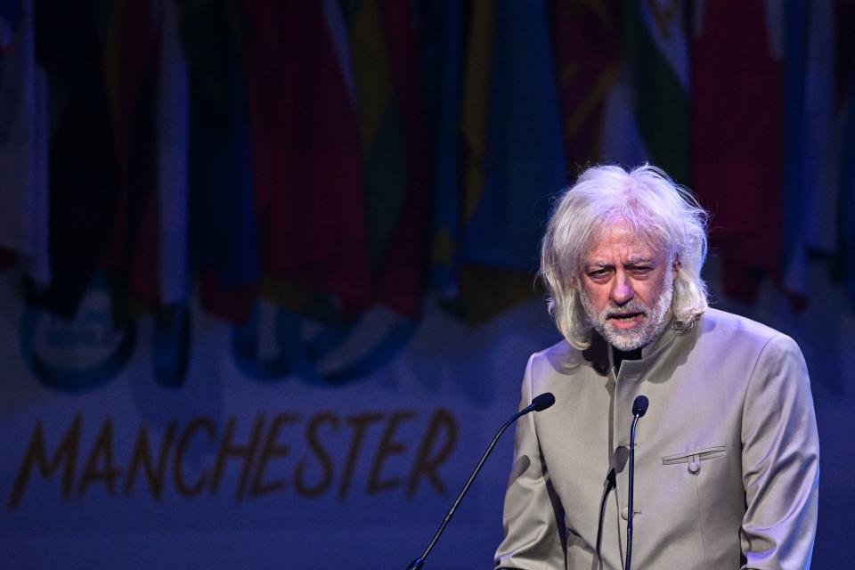 Ireland's singer and songwriter Bob Geldof delivers a speech on stage during the annual One Young World Summit at Bridgewater Hall in Manchester, north-west England on September 5, 2022. - The One Young World Summit is a global forum for young leaders, bringing together young people from over 190 countries around the world to come together to confront the biggest challenges facing humanity. (Photo by Oli SCARFF / AFP) (Photo by OLI SCARFF/AFP via Getty Images)