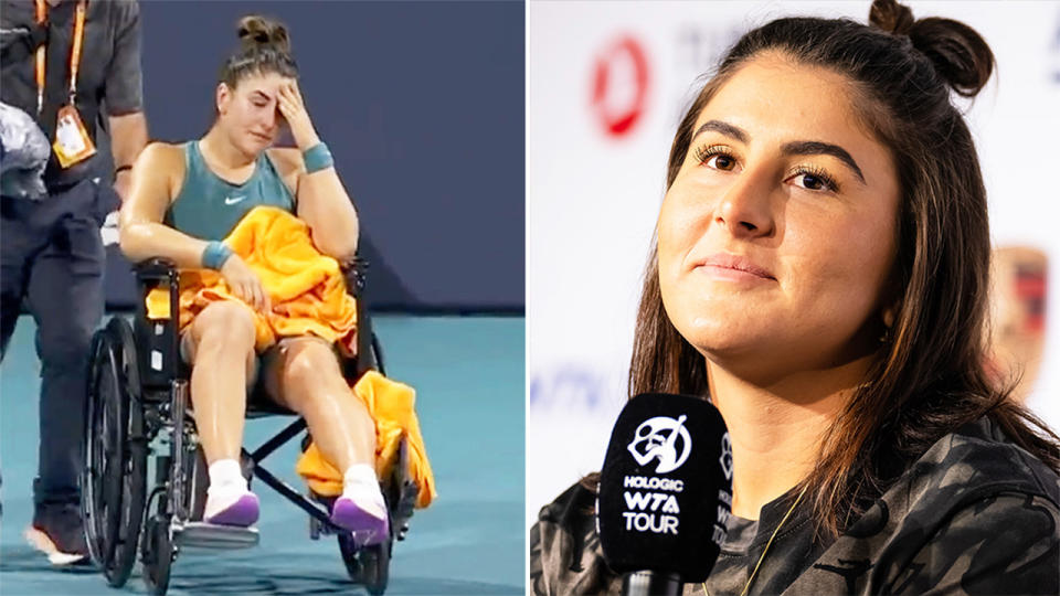 Bianca Andreescu in tears after her injury and Andreescu during a media interview.