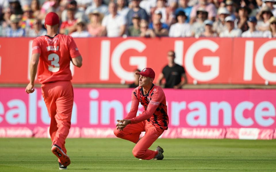 Tom Hartley of Lancashire takes the catch to dismiss Tom Prest of Hampshire during the Vitality Blast Final match between Lancashire Lightning and Hampshire Hawks -  Alex Davidson/Getty Images