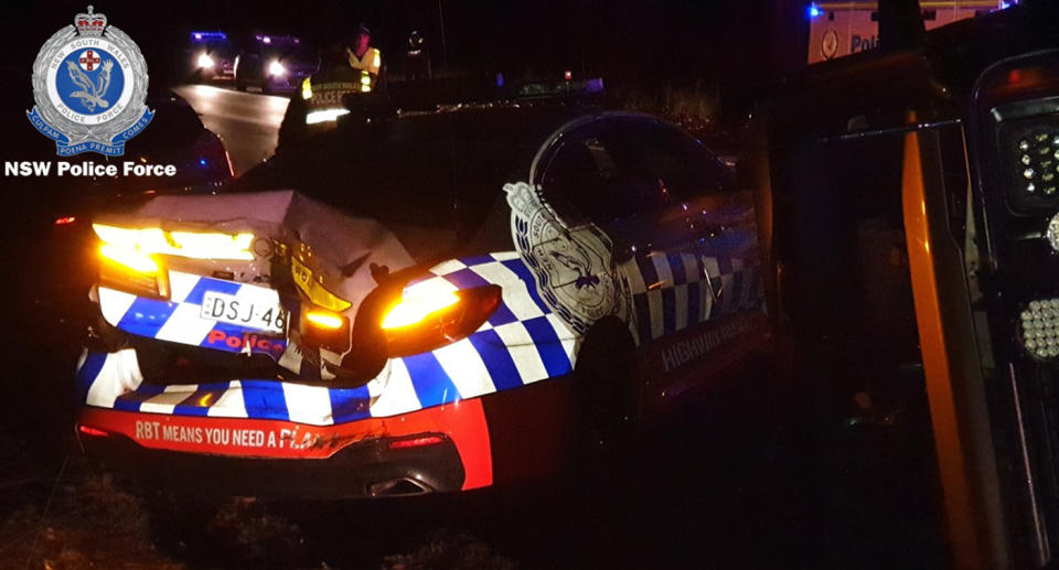 A picture of the damage to the patrol car.