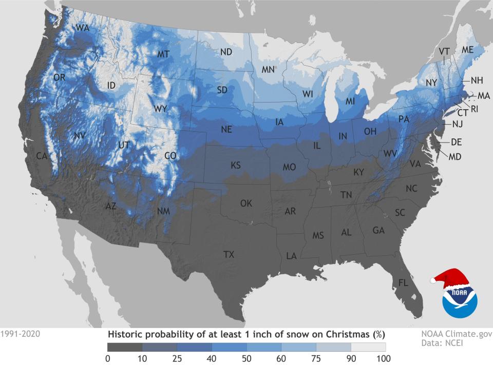 This map shows the historic probability of there being at least 1 inch of snow on the ground at weather stations across the United States on December 25 based on the latest (1991-2020) U.S. climate normals.