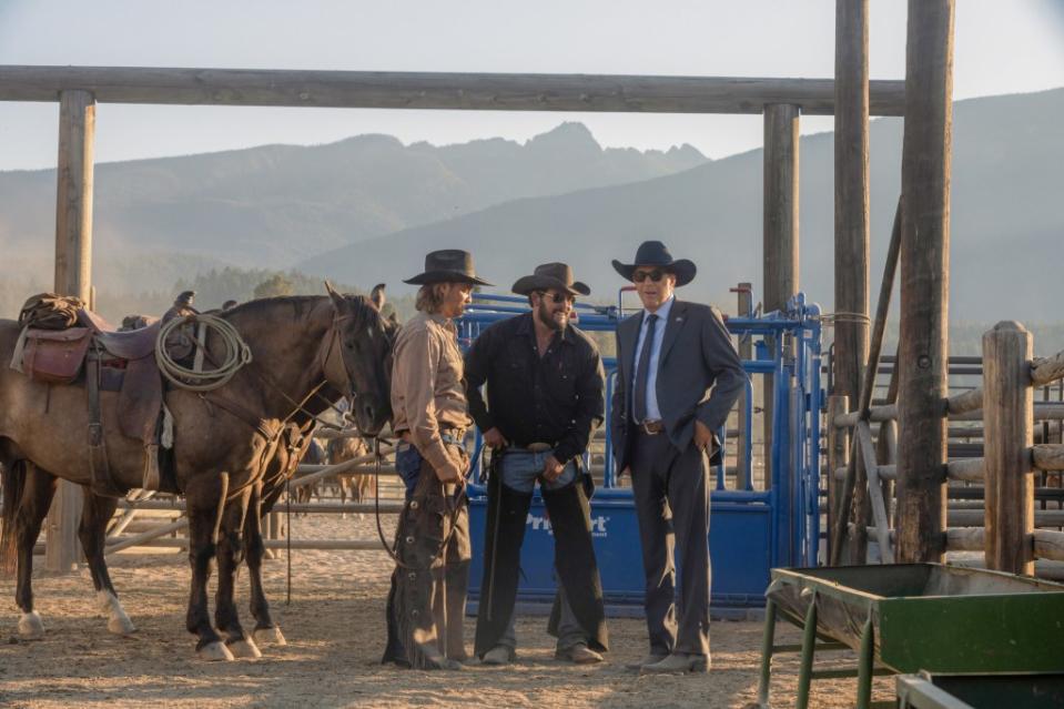 Luke Grimes, Cole Hauser and Kevin Costner on “Yellowstone.” Paramount Network/Courtesy Everett Collection