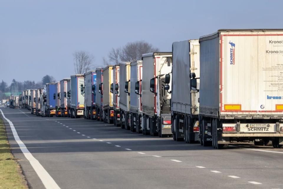 Trucks stand in a queue to cross the border in Medyka as Polish farmers start a strike and block truck transport in Medyka, a border crossing between Poland and Ukraine, on Nov. 23, 2023. (Photo by Dominika Zarzycka/NurPhoto via Getty Images)