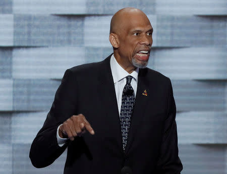 FILE PHOTO: NBA basketball Hall of Famer Kareem Abdul-Jabaar speaks on the final night of the Democratic National Convention in Philadelphia, Pennsylvania, U.S. on July 28, 2016. REUTERS/Mike Segar/File Photo