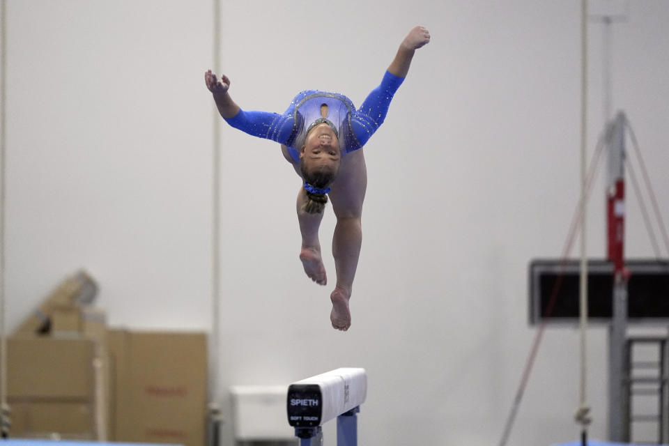 Joscelyn Roberson competes on the balance beam at the American Classic Saturday, April 27, 2024, in Katy, Texas. (AP Photo/David J. Phillip)