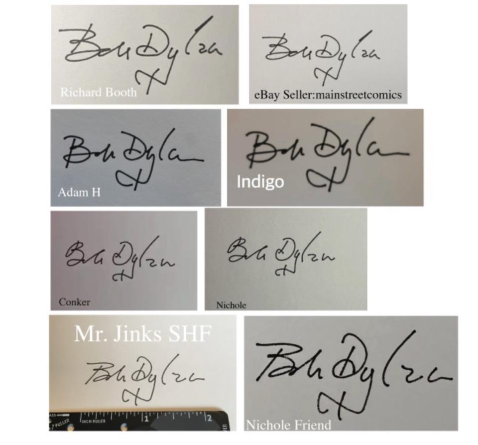 Examples of identical book signatures being shared by buyers on websites