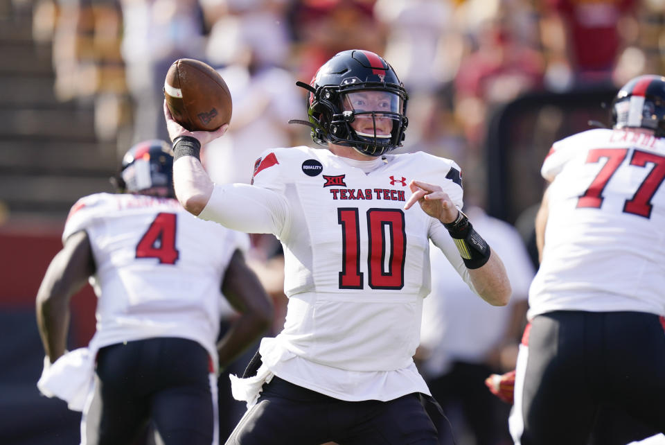 Texas Tech quarterback Alan Bowman throws a pass during the first half of an NCAA college football game against Iowa State, Saturday, Oct. 10, 2020, in Ames, Iowa. (AP Photo/Charlie Neibergall)