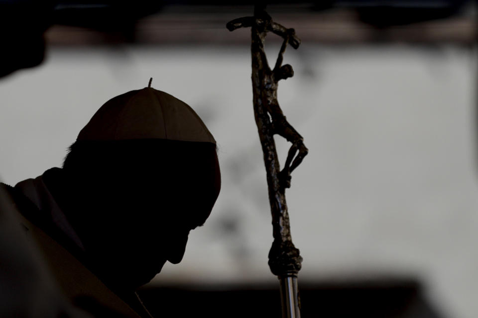 Pope Francis celebrates mass in Camerino, Italy, Sunday, June 16, 2019. The town of Camerino was heavily damaged by the 2016 earthquake that hit the central Italian Marche region. (AP Photo/Gregorio Borgia)