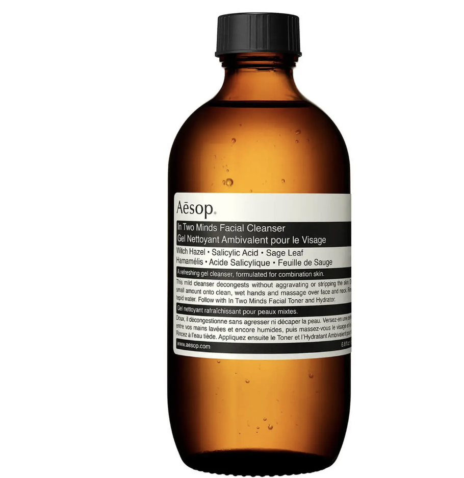 Aesop In Two Minds Facial Cleanser is packaged in a brown glass bottle.