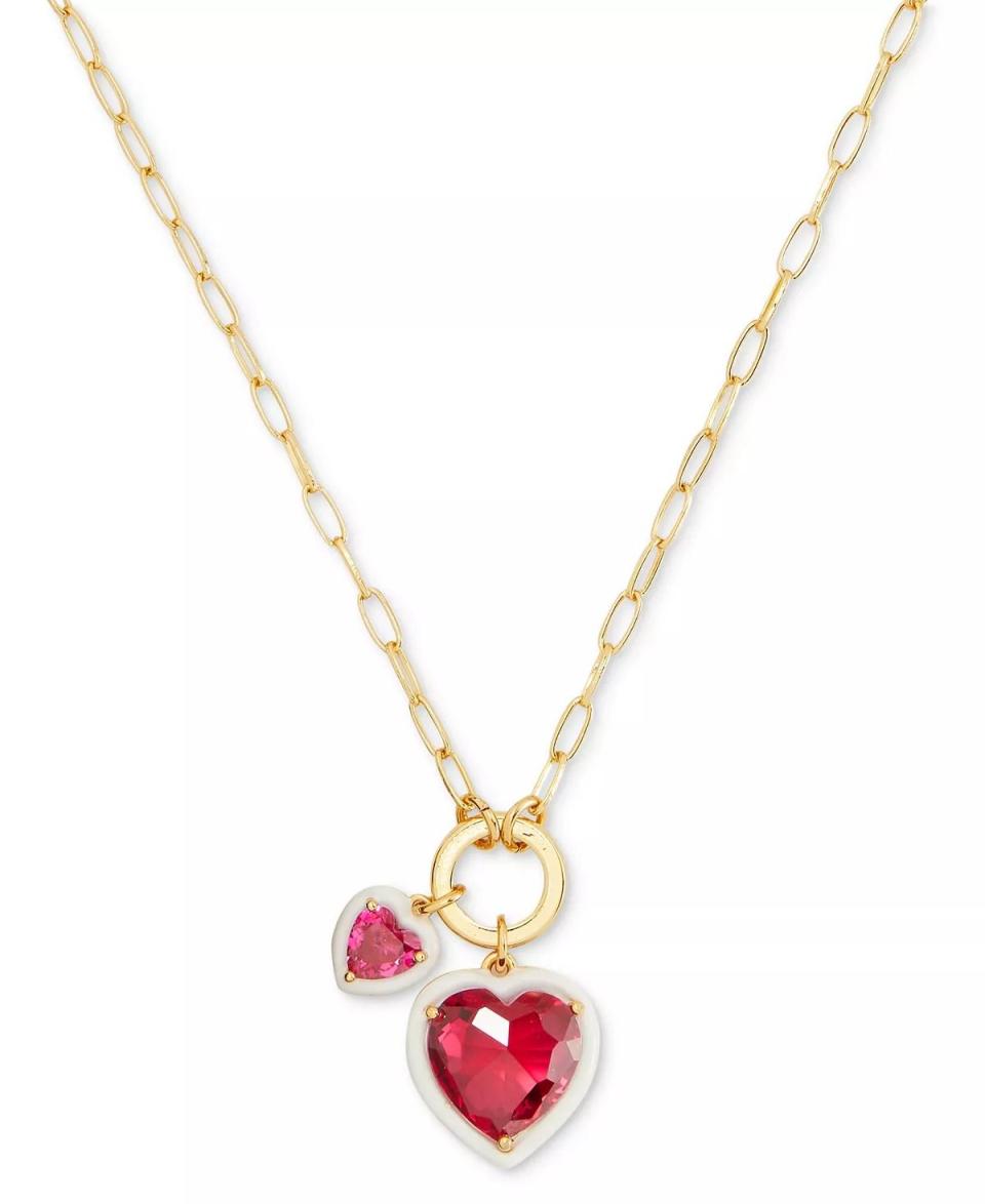 <p><a href="https://go.redirectingat.com?id=74968X1596630&url=https%3A%2F%2Fwww.macys.com%2Fshop%2Fproduct%2Fkate-spade-new-york-gold-tone-white-framed-red-crystal-heart-multi-charm-pendant-necklace-16-3-extender%3FID%3D17149721%26tdp%3Dcm_app%257EzMCOM-NAVAPP%257Excm_zone%257EzPDP_ZONE_A%257Excm_choiceId%257EzcidM05RTD-72c6c98a-2a4b-4a65-b9cf-881cccfc6c92%2540HDI%2540Others%252Byou%252Bmay%252Blike%252478232%252417149721%257Excm_pos%257EzPos1%257Excm_srcCatID%257Ez78234&sref=https%3A%2F%2Fwww.thepioneerwoman.com%2Ffashion-style%2Fg46298031%2Fvalentines-day-jewelry%2F" rel="nofollow noopener" target="_blank" data-ylk="slk:Shop Now;elm:context_link;itc:0;sec:content-canvas" class="link ">Shop Now</a></p><p>Kate Spade Gold and Red Crystal Heart Charm Necklace</p><p>macys.com</p><p>$128.00</p><span class="copyright">Kate Spade</span>