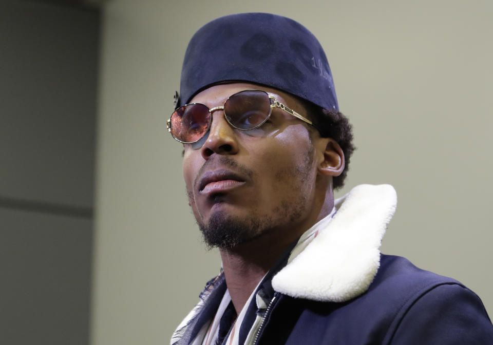 Cam Newton speaks to the media after the Panthers' win over the Packers. (AP)