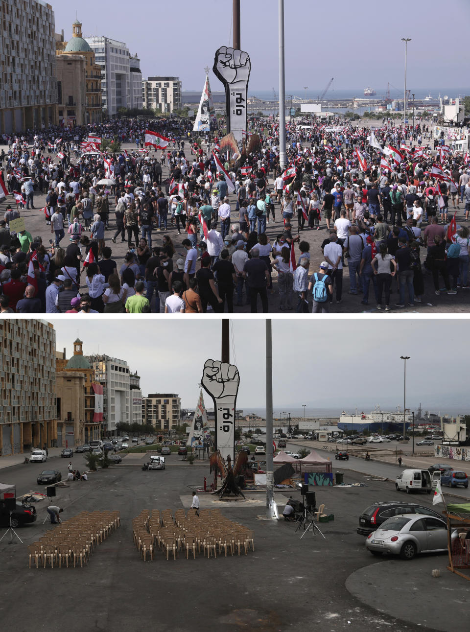 In this two photo combination picture, top photo shows anti-government protesters gather around fist with an Arabic word that reads "Revolution," at Martyrs Square during ongoing protests against the Lebanese government, in downtown Beirut, Lebanon, Saturday, June 6, 2020, and bottom photo shows anti-government protesters stand next to fist with an Arabic word that reads "Revolution," at Martyrs Square, in downtown Beirut, Lebanon, Monday, Oct. 12, 2020. A year ago, hundreds of thousands of Lebanese took to the streets in protests nationwide that raised hopes among many for a change in a political elite that over that decades has run the country into the ground. A year later, the protests have petered out. (AP Photo/Bilal Hussein)