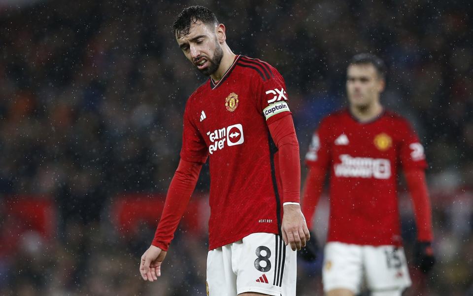 Manchester United's Bruno Fernandes looks upset during the Premier League match between Manchester United and AFC Bournemouth at Old Trafford on December 09, 2023 in Manchester, England.