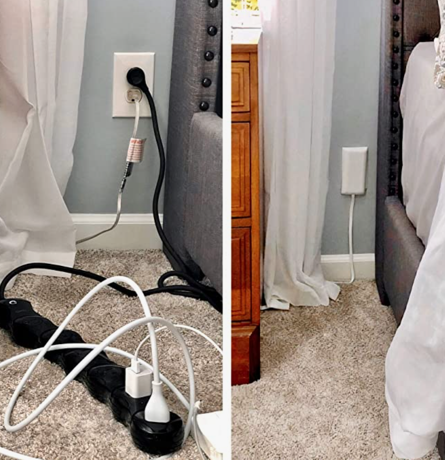 One photo of a wall outlet with a tangle of wires, and one photo of an organized outlet.