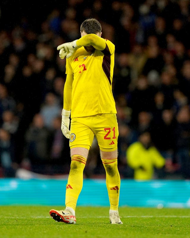 Scotland’s Zander Clark reacts after conceding 