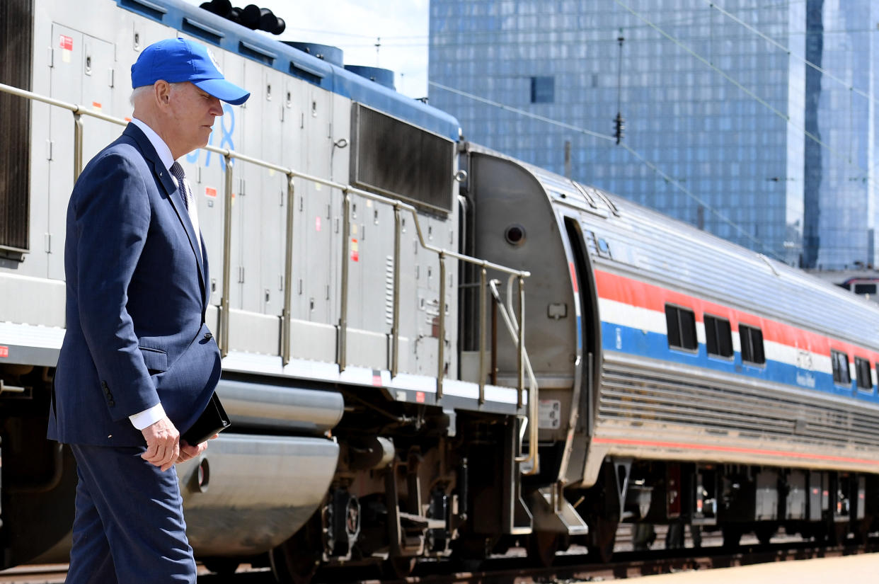 President Biden departs after speaking at an Amtrak event at the William H. Gray III 30th Street Station in Philadelphia on April 30, 2021. (Photo by Olivier DOULIERY/AFP)