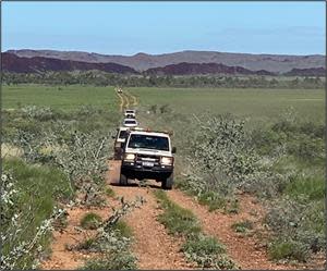 Field photo of the Ngarluma heritage survey with six survey vehicles on the road to the Bushmill prospect in the Karratha district.