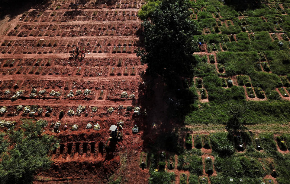 An aerial view of an excavator digging graves on the last piece of land available as new burials are suspended, except private deposits and children, at Vila Nova Cachoeirinha cemetery in Sao Paolo, Brazil, amid the outbreak of the coronavirus disease April 1, 2021. / Credit: AMANDA PEROBELLI/REUTERS