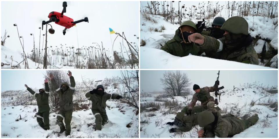 Four stills from an instructional video issued by the Armed Forces of Ukraine on December 12, 2022 showing Russian soldiers how to surrender to a drone. Three uniformed men in a snowy landscape spot, raise their hands, and follow a small red quadcopter.