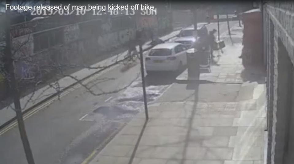 Stills taken from CCTV footage which captures a cyclist being kicked from his bike by another rider in Wallis Road, Hackney. (Handout)