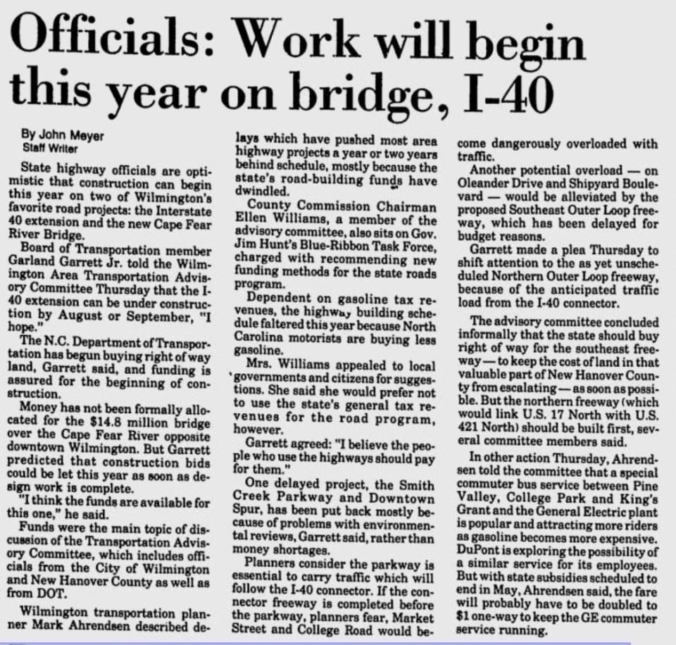 A story published in the Wilmington Morning Star on Feb. 29, 1980, refers to the beginning of roadwork expected on the Interstate 40 extension.