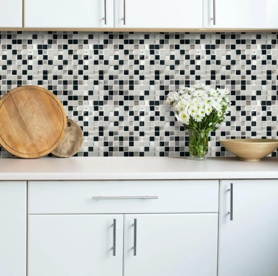 Checkerboard peel and stick backsplash