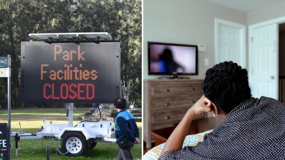 Traffic sign reading 'Park Facilities CLOSED' during Sydney's lockdown, person watches tv by themselves. 