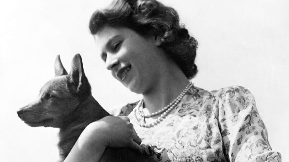 1950: Princess Elizabeth holding a corgi