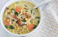 <p>This creamy chicken soup <a href="https://www.thedailymeal.com/eat/time-food-lasts?referrer=yahoo&category=beauty_food&include_utm=1&utm_medium=referral&utm_source=yahoo&utm_campaign=feed" rel="nofollow noopener" target="_blank" data-ylk="slk:uses frozen fire-roasted corn;elm:context_link;itc:0;sec:content-canvas" class="link ">uses frozen fire-roasted corn</a>, kale and shredded chicken. For an added richness, cook the vegetables in a little bit of the bacon fat.</p> <p><a href="https://www.thedailymeal.com/recipes/creamy-chicken-and-corn-soup-bacon-recipe?referrer=yahoo&category=beauty_food&include_utm=1&utm_medium=referral&utm_source=yahoo&utm_campaign=feed" rel="nofollow noopener" target="_blank" data-ylk="slk:For the Creamy Chicken and Corn Soup with Bacon recipe, click here;elm:context_link;itc:0;sec:content-canvas" class="link ">For the Creamy Chicken and Corn Soup with Bacon recipe, click here</a>.</p>  