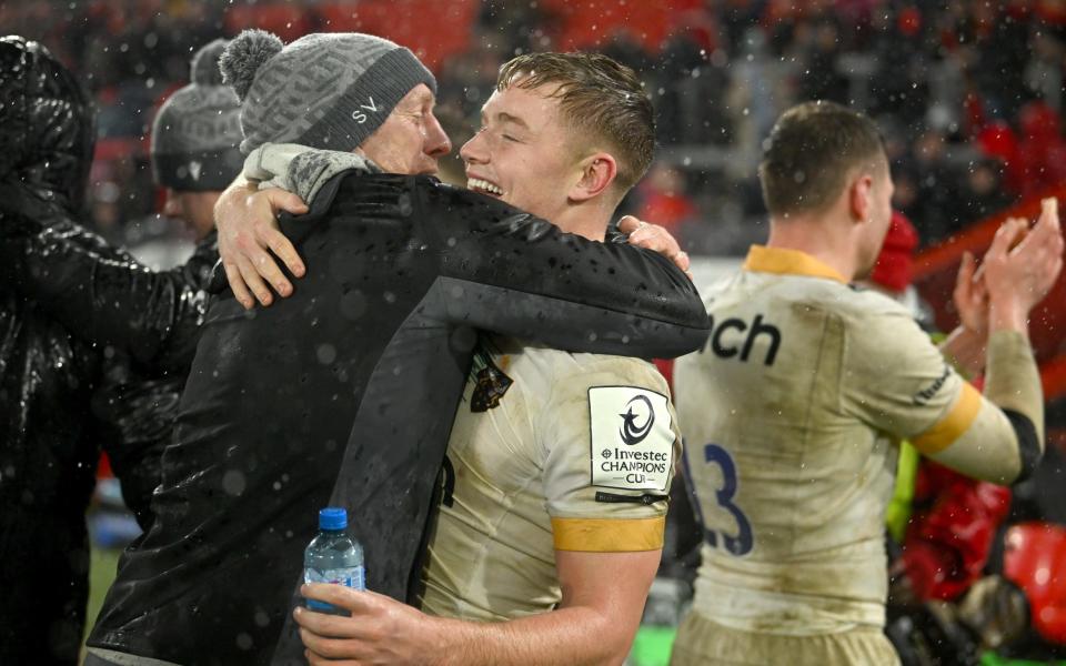 Sam Vesty celebrates with Finn Smith after Saints Champions Cup win over Munster