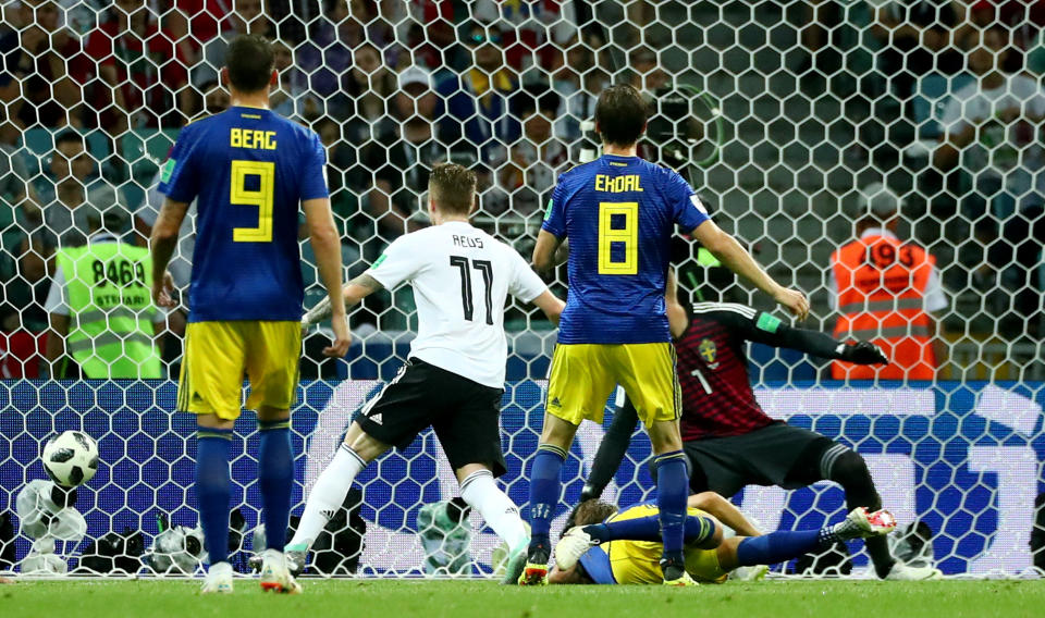 <p>Soccer Football – World Cup – Group F – Germany vs Sweden – Fisht Stadium, Sochi, Russia – June 23, 2018 Germany’s Marco Reus scores their first goal REUTERS/Pilar Olivares </p>