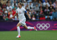 Christine Sinclair of Canada celebrates scoring their second goal during the Women's Football Quarter Final match between Great Britain and Canada, on Day 7 of the London 2012 Olympic Games at City of Coventry Stadium on August 3, 2012 in Coventry, England. (Getty Images)