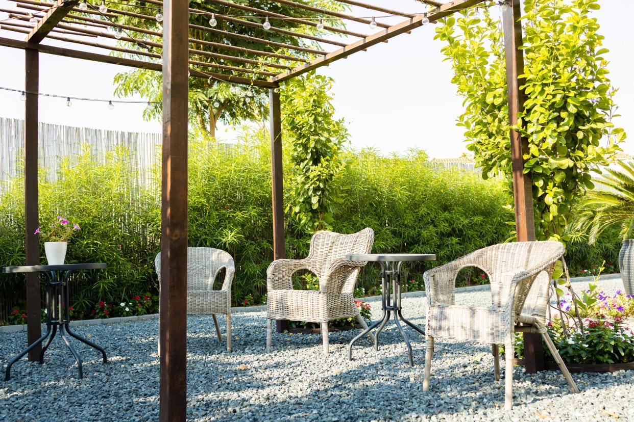 Garden, Summer, Patio - Patio Setup with Outdoor Furniture and Lush Green Plants