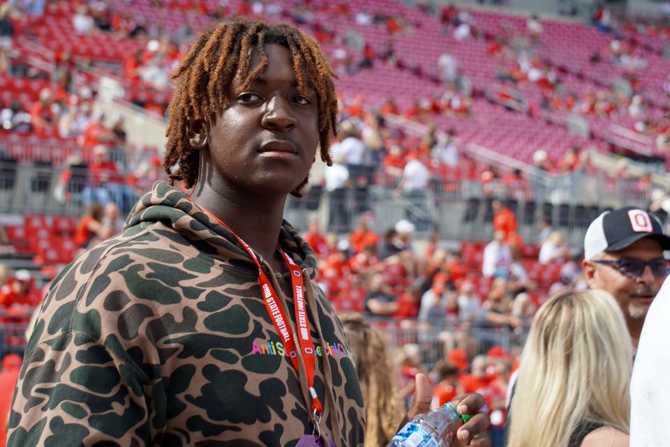 Offensive line recruit Carter Lowe, a 2025 prospect out of the Toledo area who is deciding between Ohio State and Michigan, attends the Buckeyes' game against Western Kentucky on Sept. 16, 2023.