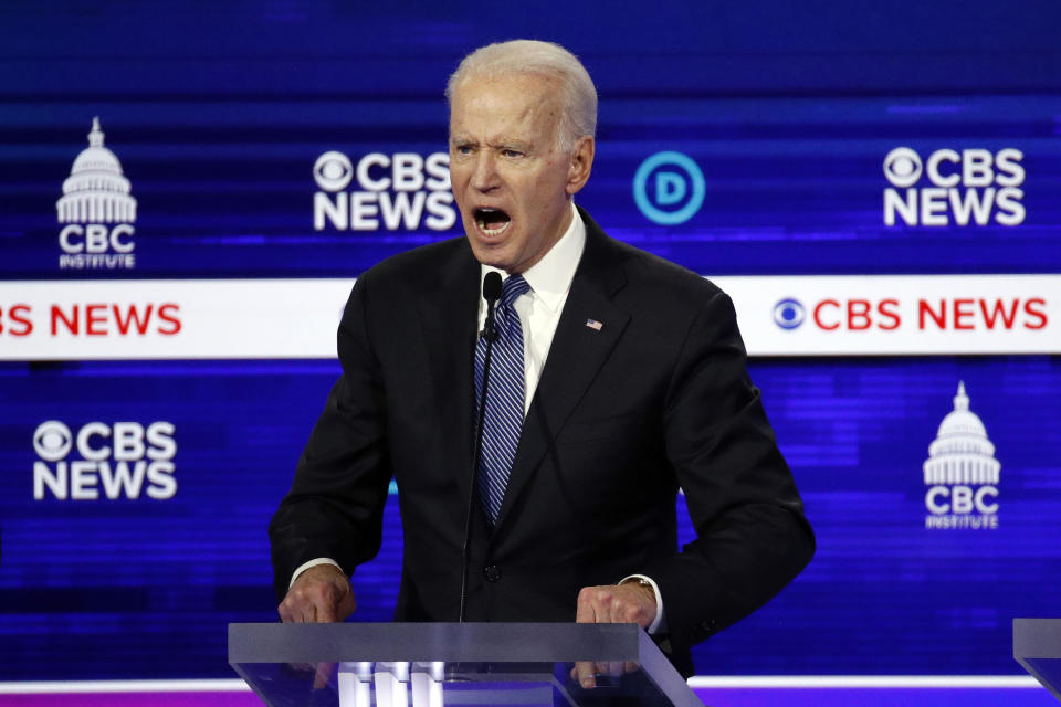 Democratic presidential candidate former Vice President Joe Biden participates in a Democratic presidential primary debate at the Gaillard Center, Tuesday, Feb. 25, 2020, in Charleston, S.C., co-hosted by CBS News and the Congressional Black Caucus Institute. (AP Photo/Patrick Semansky)