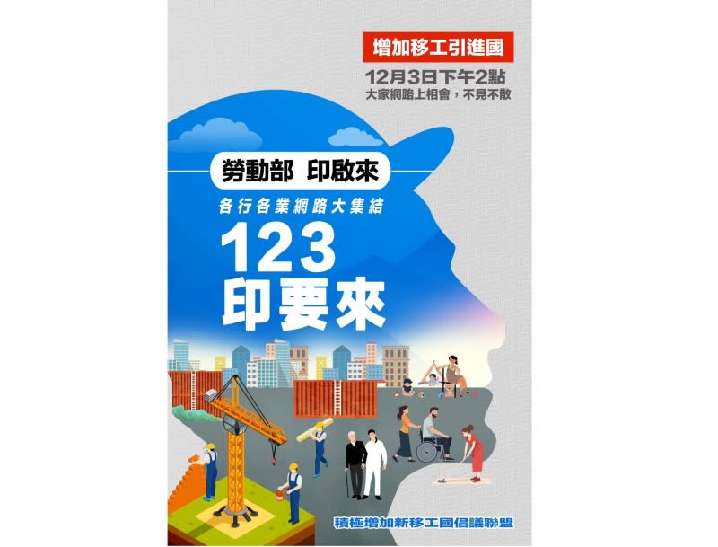 <cite>僱主團體期盼政府引進更多移工解決缺工問題，在網路上舉辦「123印要來」集結。（取自「台灣須積極增加新移工國」臉書）</cite>