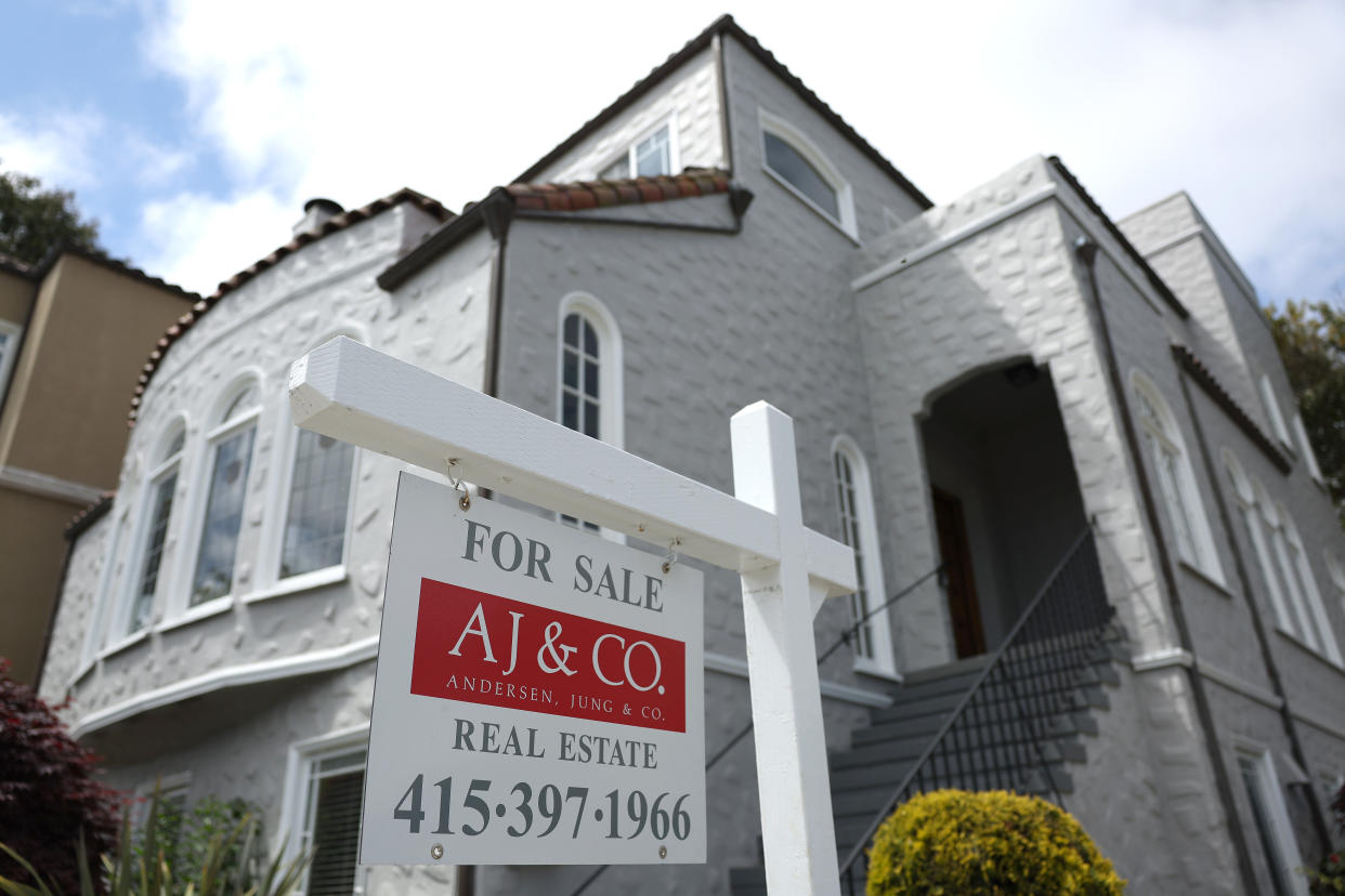 SAN FRANCISCO, CALIFORNIA - MAY 11: A sign is posted in front of a home for sale on May 11, 2023 in San Francisco, California. Home prices in San Francisco have fallen sharply during the first quarter, faster than in other parts of California and the country. The fall in prices comes on the heels of record average home prices of $1.2 million in the middle of 2022. (Photo by Justin Sullivan/Getty Images)