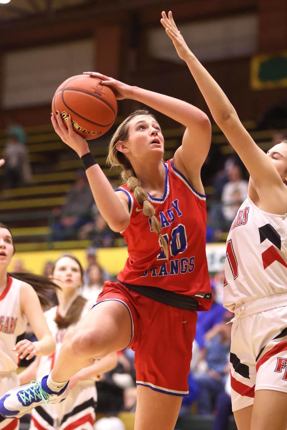 Claude’s Andi Holland(10) shoots the ball in a 1A bi-district playoff game against Fort Elliott, Monday night, February 13, 2023, at McNeely Fieldhouse at Pampa High School, Pampa, Texas. Claude won 69-18.