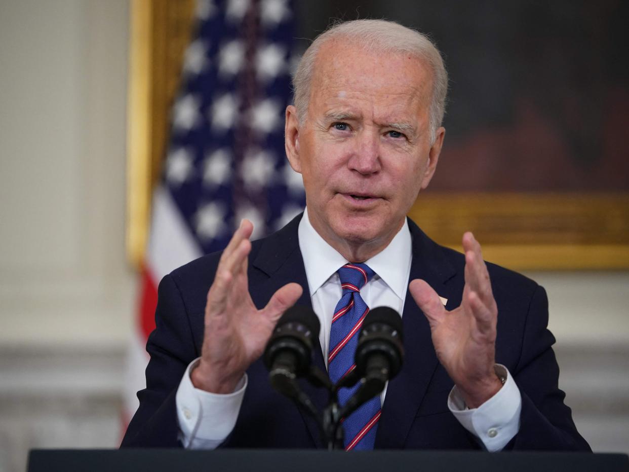 <p>US President Joe Biden speaks about the March jobs report in the State Dining Room of the White House in Washington, DC</p> (AFP via Getty Images)