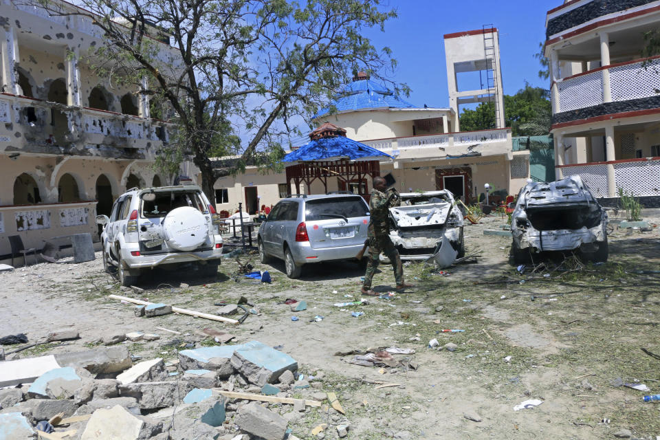 A view of area outside the Asasey Hotel after an attack, in Kismayo, Somalia, Saturday July 13, 2019. (AP Photo)