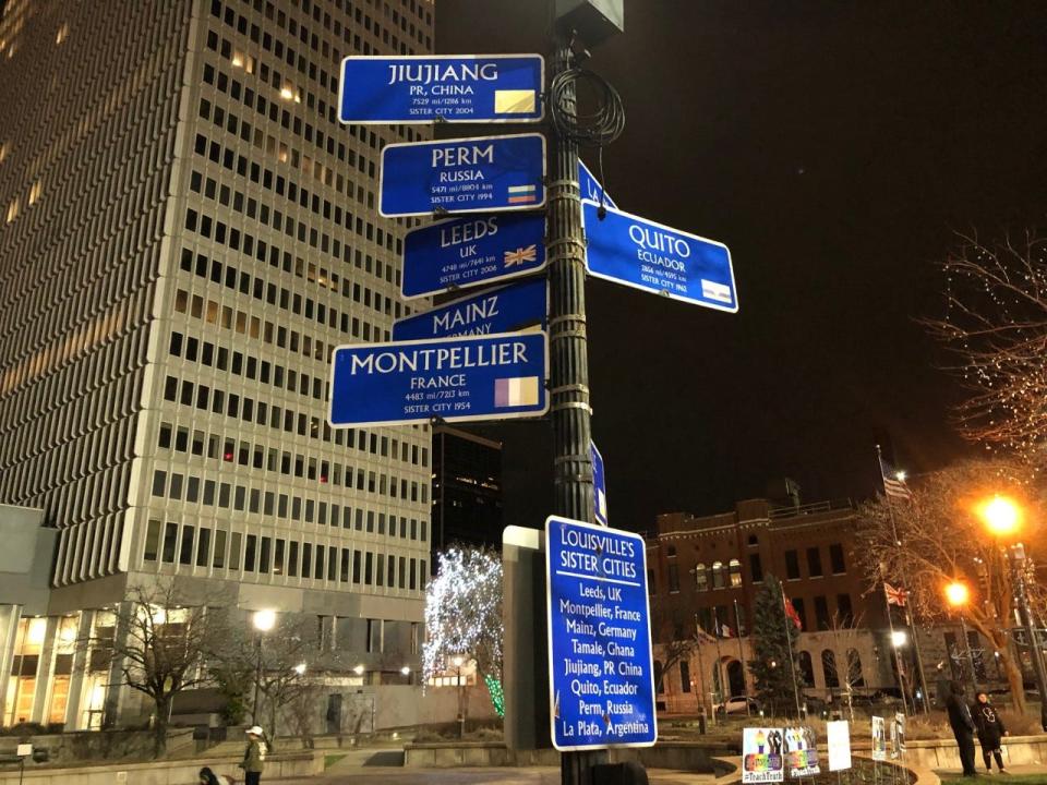 Louisville's sister cities are listed on signage by Jefferson Square Park by Sixth and Jefferson streets.