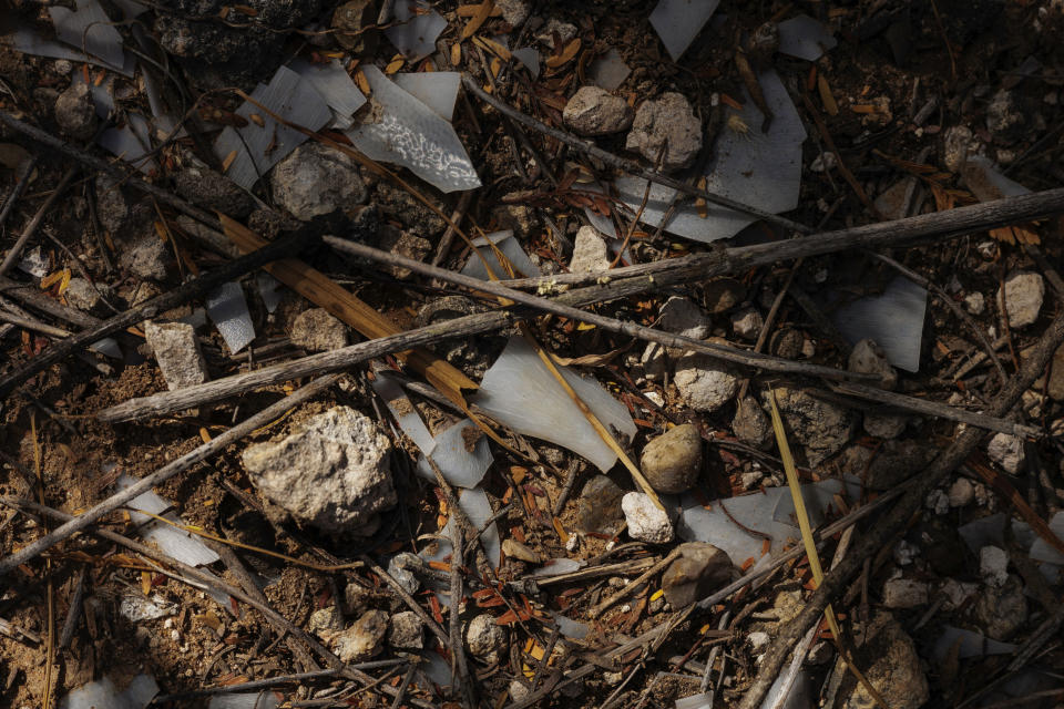 Shards of broken plastic water jugs sit near the location of a missing water station for immigrants containing sealed jugs of fresh water near a roadway in rural Jim Hogg County, Texas, Tuesday, July 25, 2023. The South Texas Human Rights Center maintains over 100 blue barrels consistently stocked with water across rural South Texas to serve as a life-saving measure for immigrants who have crossed into the United States to travel north in the sweltering heat. (AP Photo/Michael Gonzalez)