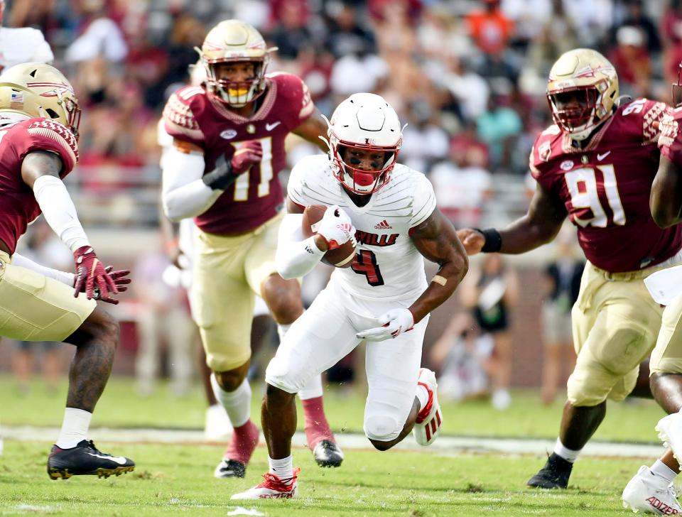 Sep 25, 2021; Tallahassee, Florida, USA; Louisville Cardinals wide receiver Braden Smith (4) runs with the ball during the first quarter against the Florida State Seminoles at Doak S. Campbell Stadium. Mandatory Credit: Melina Myers-USA TODAY Sports