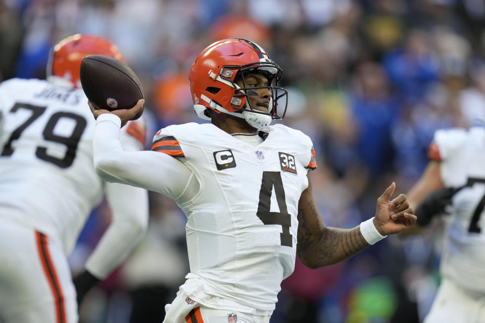 Cleveland Browns quarterback Deshaun Watson (4) throws a pass during the first half of an NFL football game against the Indianapolis Colts, Sunday, Oct. 22, 2023, in Indianapolis. (AP Photo/Michael Conroy)