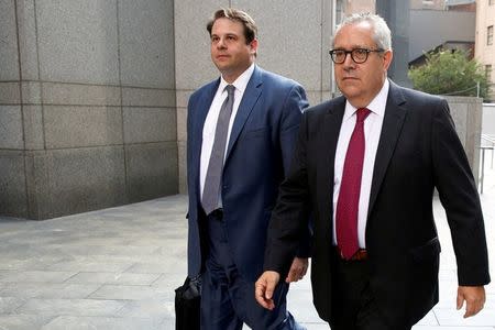 Robert Stewart, (R) father of former Perella Weinberg investment banker Sean Stewart, exits the Manhattan federal court house in New York City, U.S., July 27, 2016. REUTERS/Brendan McDermid